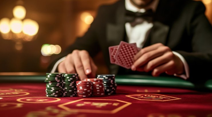 Antarmuka permainan Bandar Ceme kangtoto1 dengan dealer live, kartu pemain, dan tombol taruhan